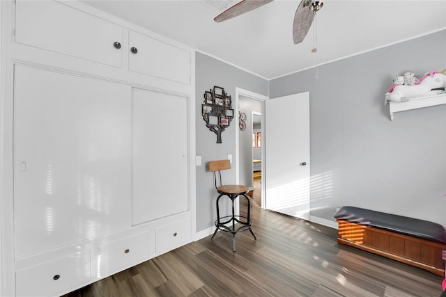 interior space featuring ceiling fan and dark hardwood / wood-style floors