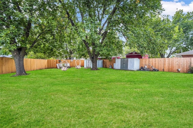 view of yard featuring a storage shed