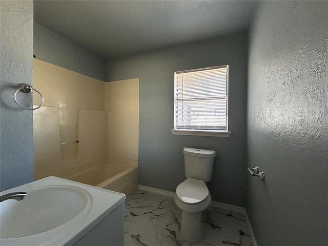 bathroom with toilet, baseboards, marble finish floor, a shower, and a bathtub