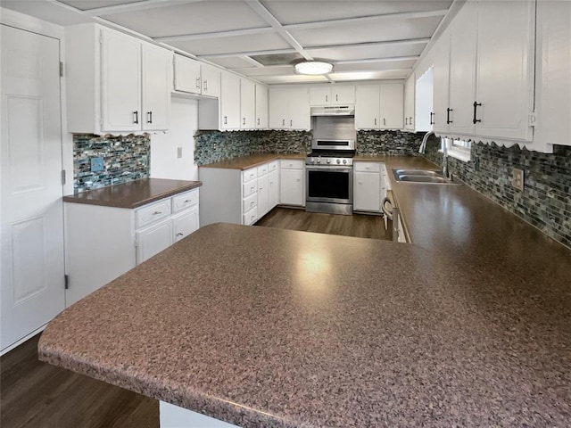 kitchen with stainless steel gas range, white cabinetry, kitchen peninsula, and sink