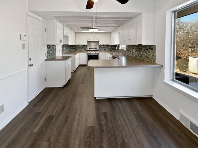 kitchen with kitchen peninsula, sink, stainless steel range with gas cooktop, white cabinetry, and plenty of natural light