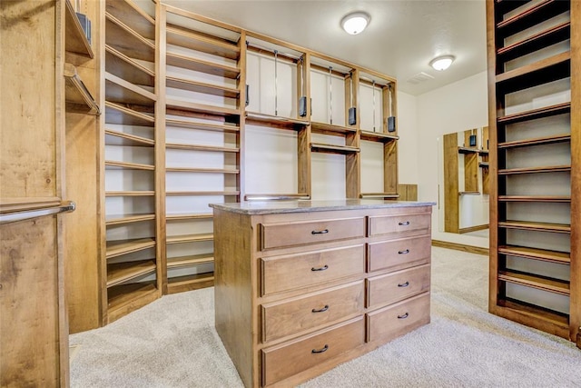 walk in closet with light colored carpet