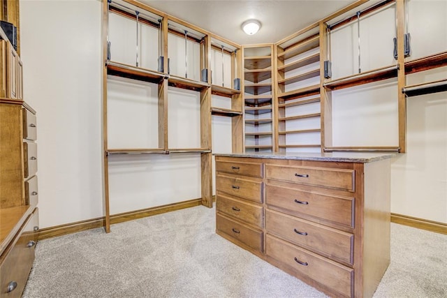 spacious closet featuring light colored carpet