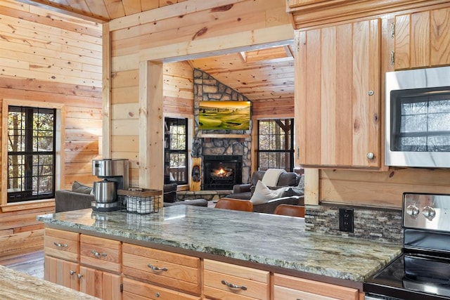 kitchen featuring wood walls, stainless steel appliances, and wood ceiling