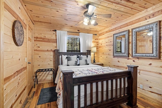 bedroom with wood walls, wooden ceiling, and wood-type flooring