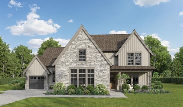 view of front of house with a garage and a front lawn