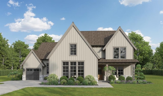 modern farmhouse style home featuring a front yard, board and batten siding, and roof with shingles