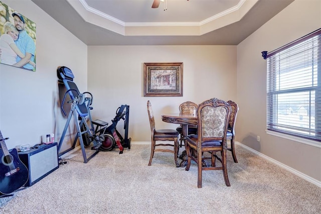 carpeted dining area featuring ceiling fan, ornamental molding, and a raised ceiling