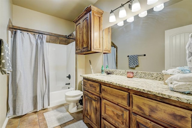 full bathroom with toilet, shower / bathtub combination with curtain, and vanity