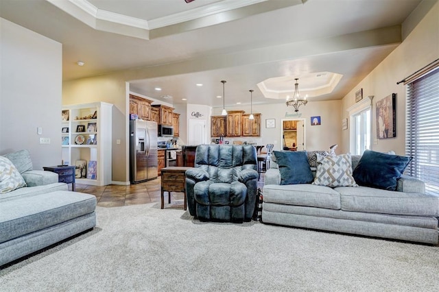 living room with crown molding, light tile patterned floors, a tray ceiling, and a chandelier