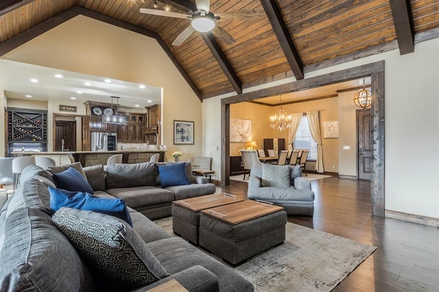 living area with high vaulted ceiling, wood ceiling, beam ceiling, and wood finished floors