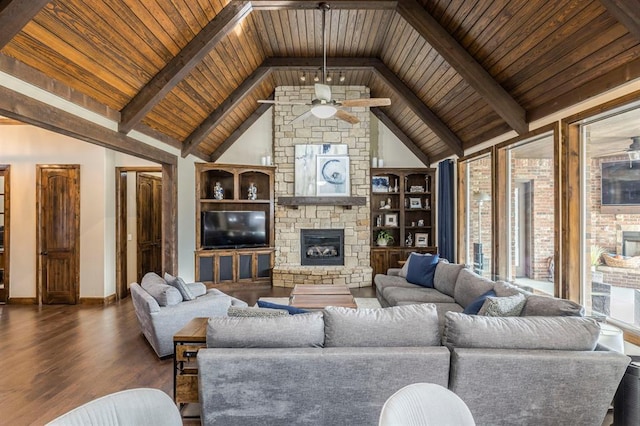 living room with beam ceiling, high vaulted ceiling, dark hardwood / wood-style floors, and a fireplace