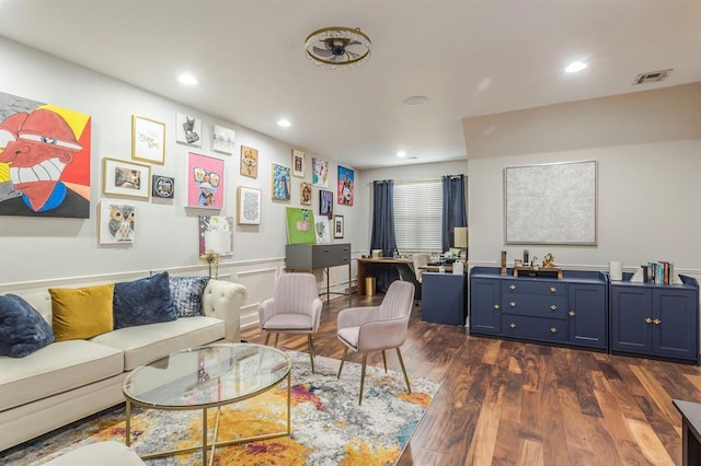 living room featuring dark wood-type flooring