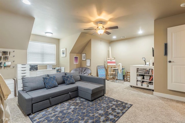 living area with visible vents, baseboards, ceiling fan, carpet floors, and recessed lighting