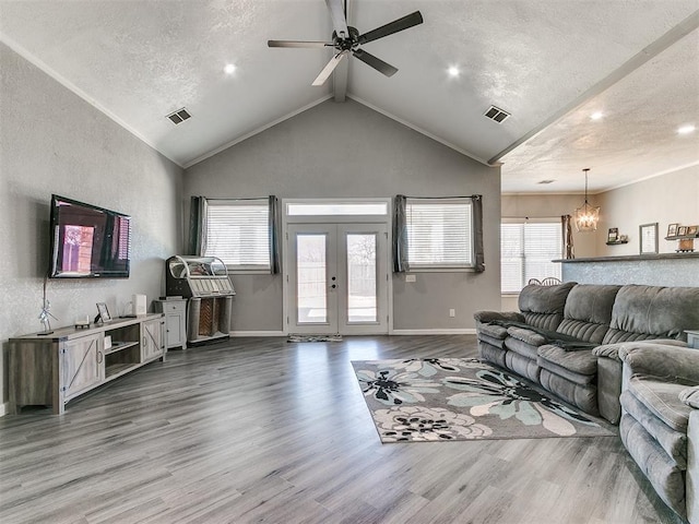 living room with lofted ceiling, a wealth of natural light, a textured ceiling, and light hardwood / wood-style floors