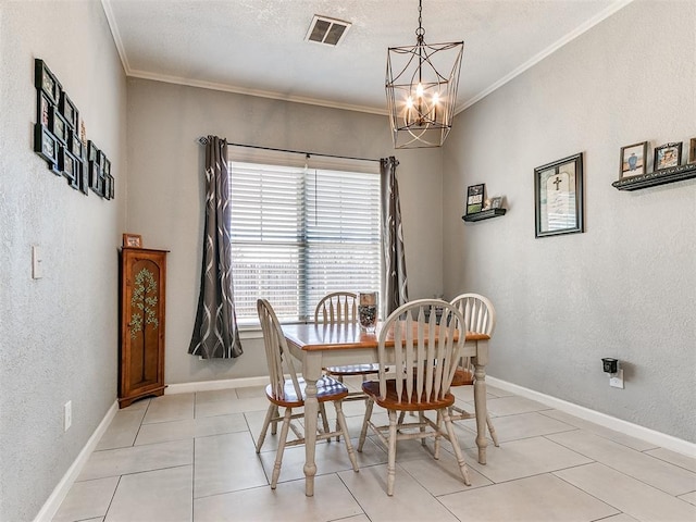 tiled dining space with a chandelier and crown molding