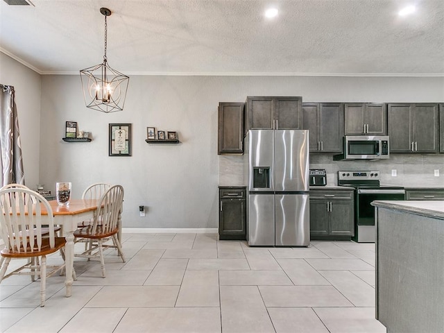 kitchen with stainless steel appliances, backsplash, pendant lighting, a chandelier, and crown molding