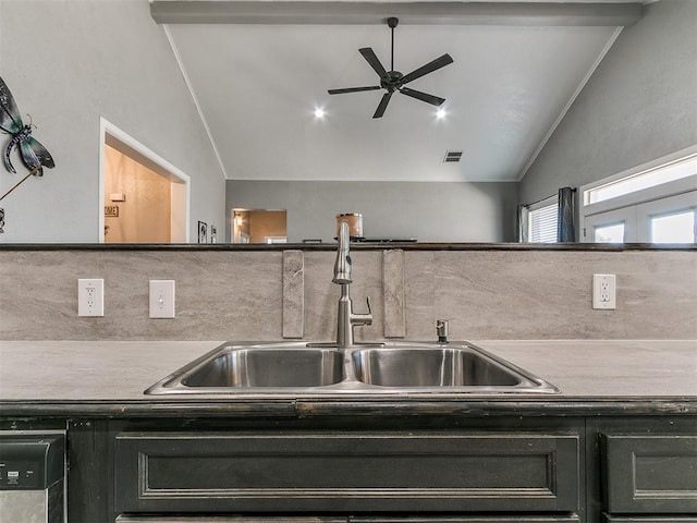 kitchen featuring ceiling fan, lofted ceiling, and sink