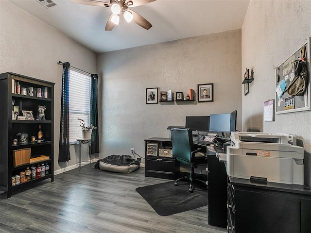 home office with ceiling fan and wood-type flooring