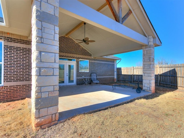 view of patio featuring ceiling fan and french doors