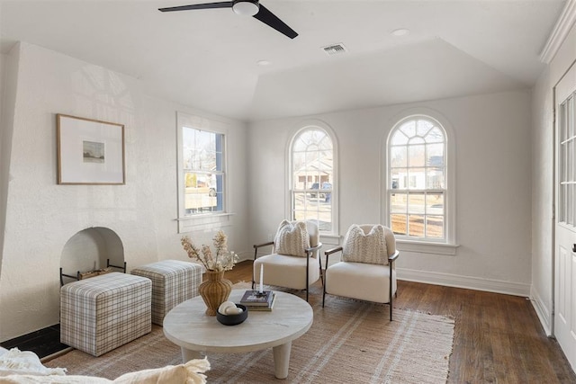 sitting room with ceiling fan, lofted ceiling, dark wood-type flooring, and a raised ceiling