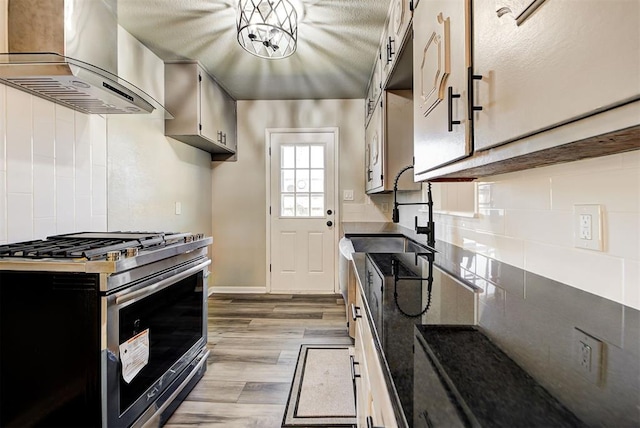 kitchen with sink, island exhaust hood, light hardwood / wood-style floors, and stainless steel gas range