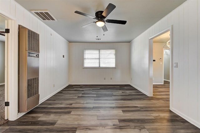 empty room featuring ceiling fan, dark wood-type flooring, and wooden walls