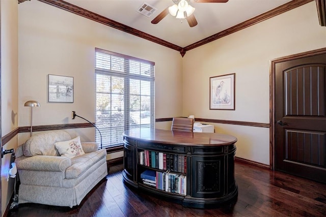 home office featuring dark hardwood / wood-style flooring, crown molding, and ceiling fan