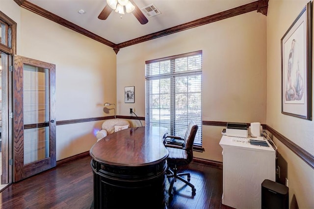 office space with crown molding, dark hardwood / wood-style floors, ceiling fan, and french doors