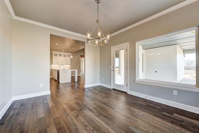 interior space featuring crown molding, dark hardwood / wood-style floors, and a notable chandelier