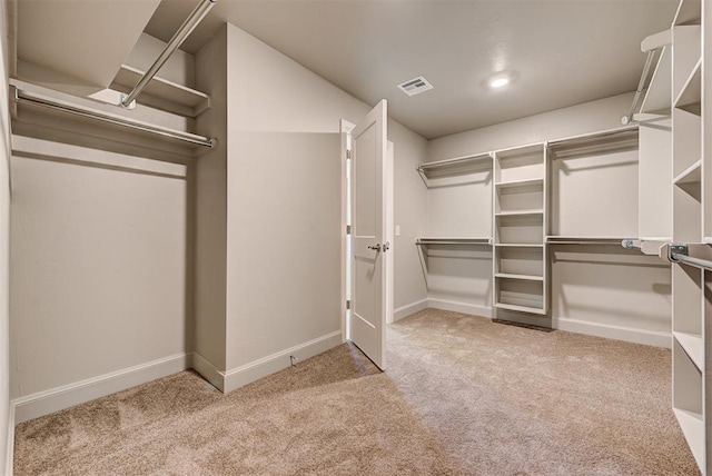 walk in closet with light carpet