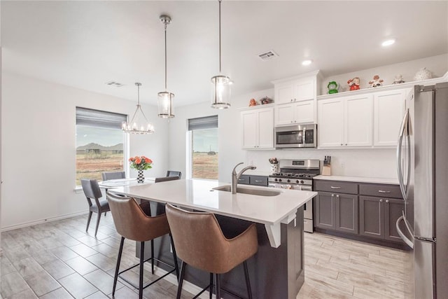 kitchen with white cabinets, decorative light fixtures, stainless steel appliances, an island with sink, and sink