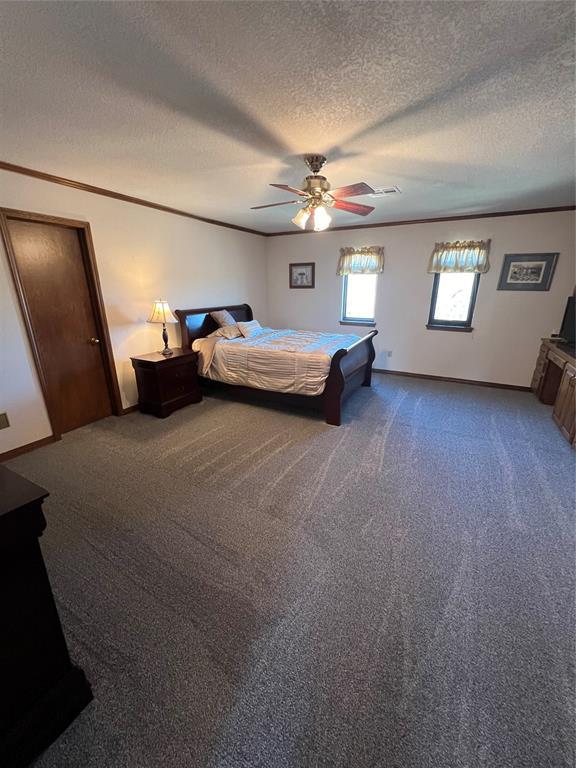 bedroom with crown molding, a textured ceiling, a ceiling fan, and carpet flooring