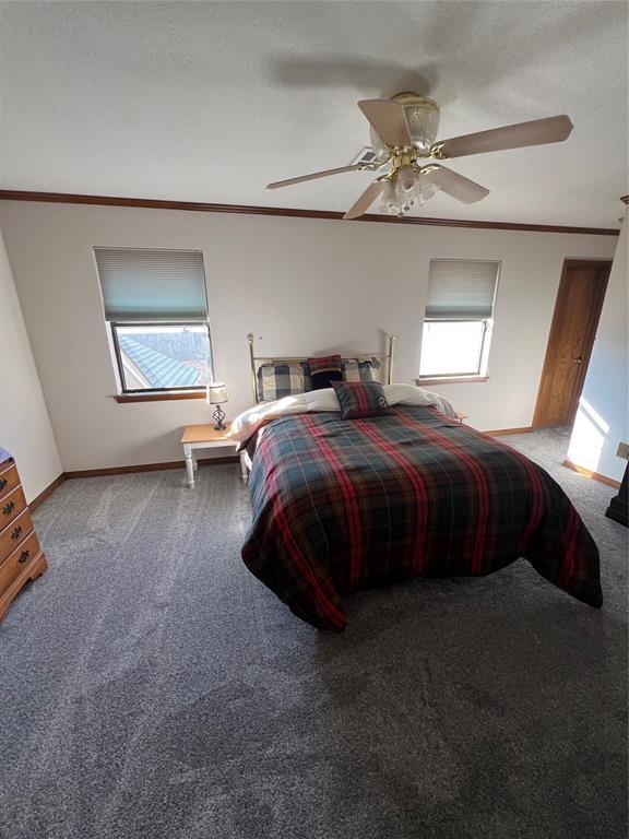 bedroom featuring baseboards, ceiling fan, carpet, a textured ceiling, and crown molding