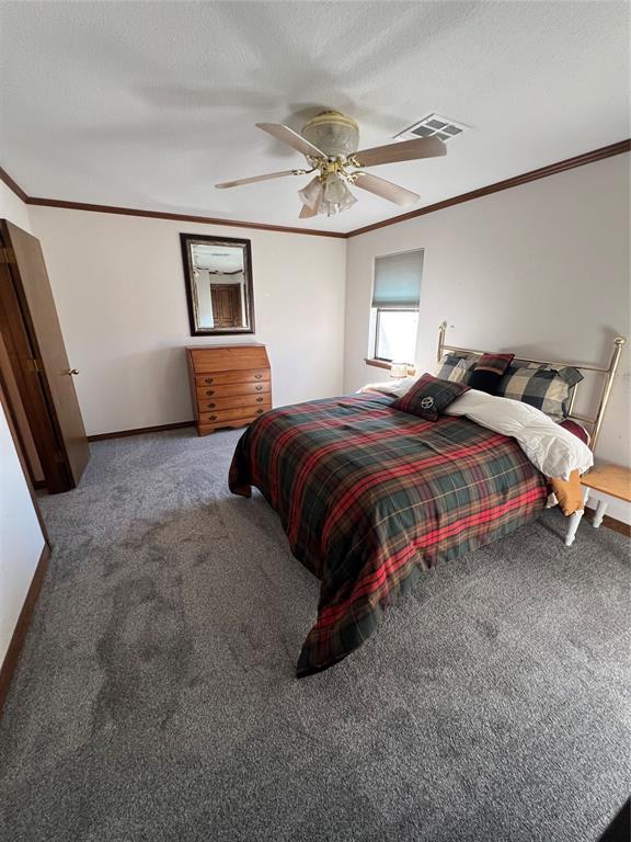 carpeted bedroom with crown molding, visible vents, ceiling fan, a textured ceiling, and baseboards