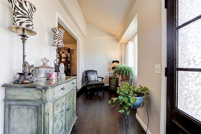 entryway with vaulted ceiling and dark hardwood / wood-style flooring