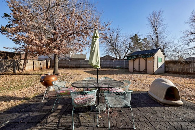 view of patio / terrace featuring a shed