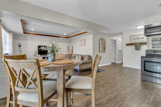 kitchen featuring dark hardwood / wood-style flooring, a tray ceiling, stainless steel appliances, and a textured ceiling