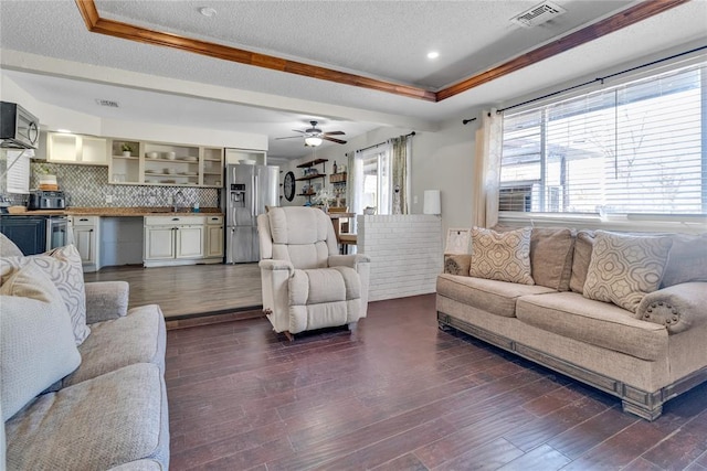 living room with sink, ceiling fan, a textured ceiling, dark hardwood / wood-style flooring, and a raised ceiling