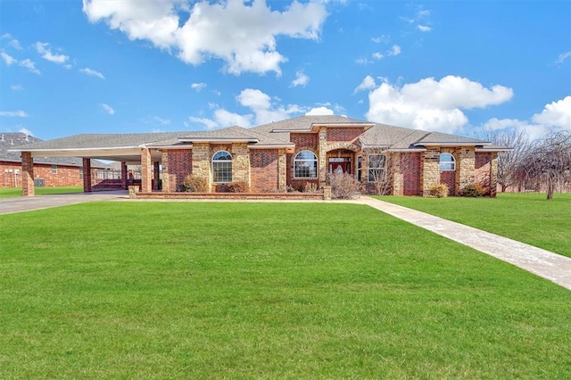 view of front facade featuring a front lawn and a carport