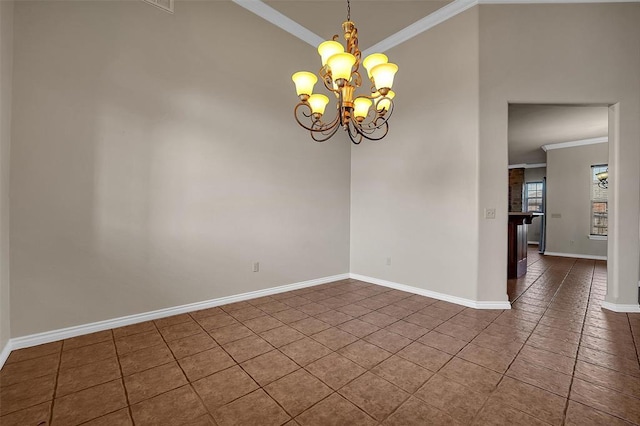 tiled empty room with an inviting chandelier and ornamental molding