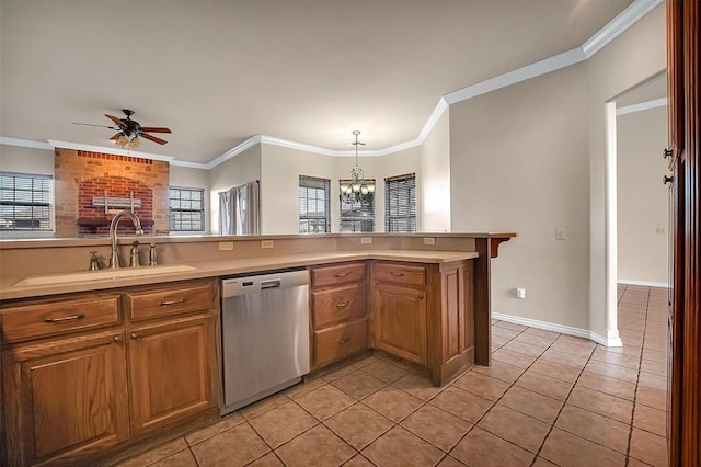 kitchen with ceiling fan with notable chandelier, dishwasher, decorative light fixtures, sink, and kitchen peninsula