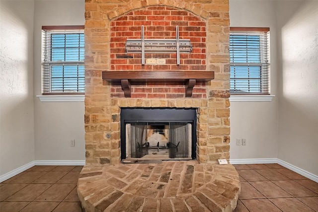 room details with a stone fireplace