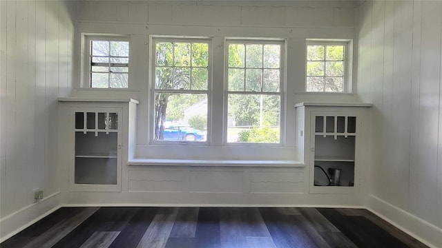 entryway featuring dark hardwood / wood-style flooring, built in features, and wooden walls