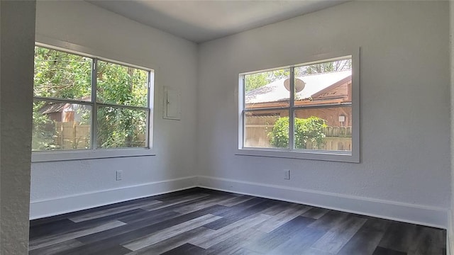 unfurnished room with dark hardwood / wood-style flooring