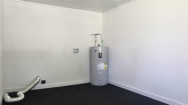 laundry area with electric water heater and hookup for a washing machine