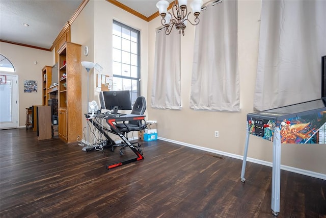 interior space featuring dark wood-type flooring, crown molding, and a chandelier