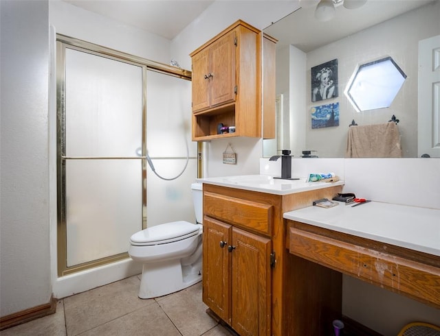 bathroom featuring walk in shower, vanity, toilet, and tile patterned flooring