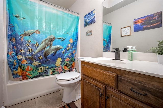 full bathroom featuring tile patterned flooring, toilet, vanity, and shower / bath combination with curtain