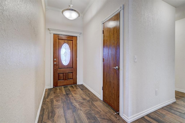 doorway to outside with dark hardwood / wood-style floors and crown molding